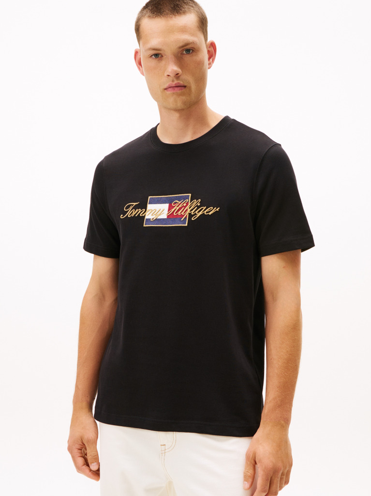 Negru Tricou Cu Guler Rotund Si Broderie Logo  Barbati