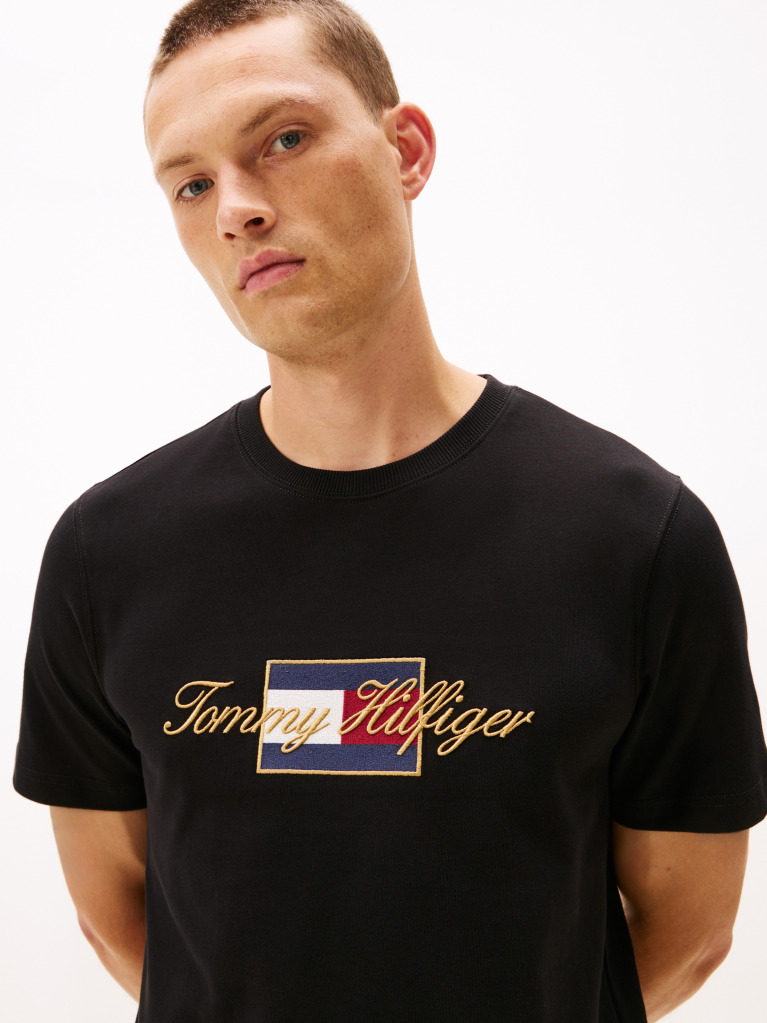 Negru Tricou Cu Guler Rotund Si Broderie Logo  Barbati