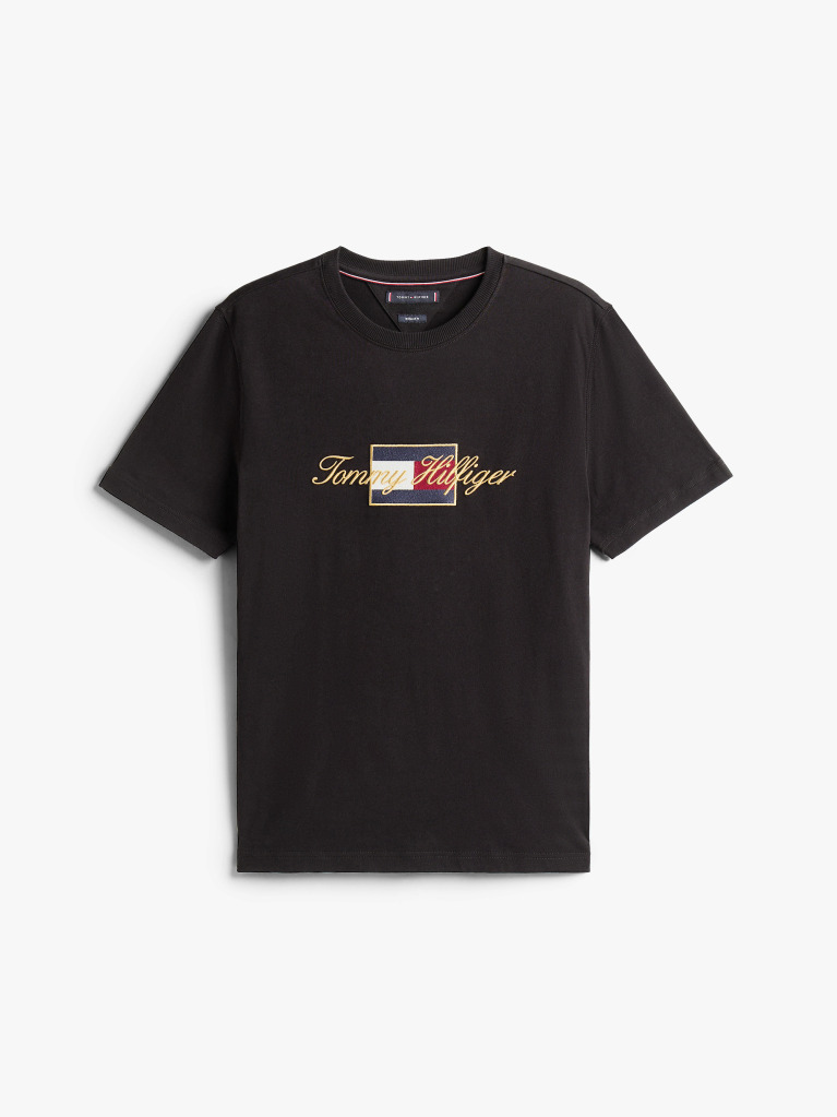 Negru Tricou Cu Guler Rotund Si Broderie Logo  Barbati