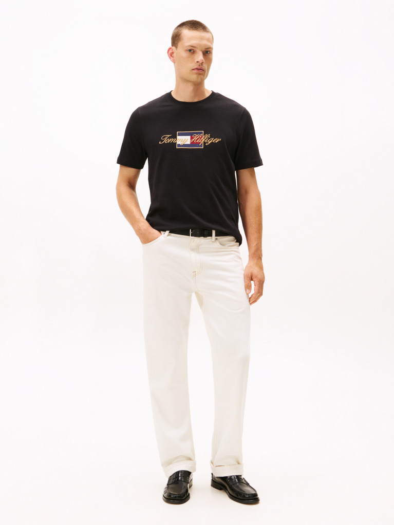 Negru Tricou Cu Guler Rotund Si Broderie Logo  Barbati