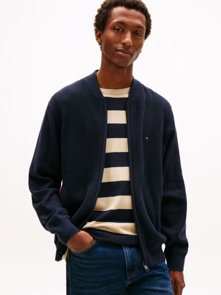 Blue Cardigan Cu Fermoar Si Broderie Cu Steag  Barbati