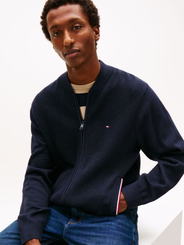 Blue Cardigan Cu Fermoar Si Broderie Cu Steag  Barbati