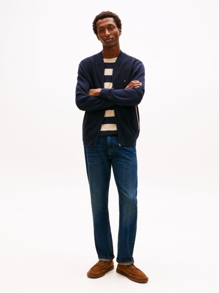 Blue Cardigan Cu Fermoar Si Broderie Cu Steag  Barbati