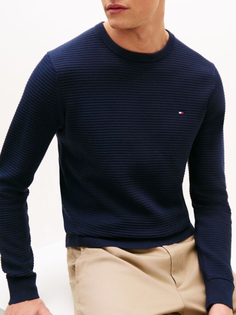 Blue Textured Knit Crew Neck Jumper  Men