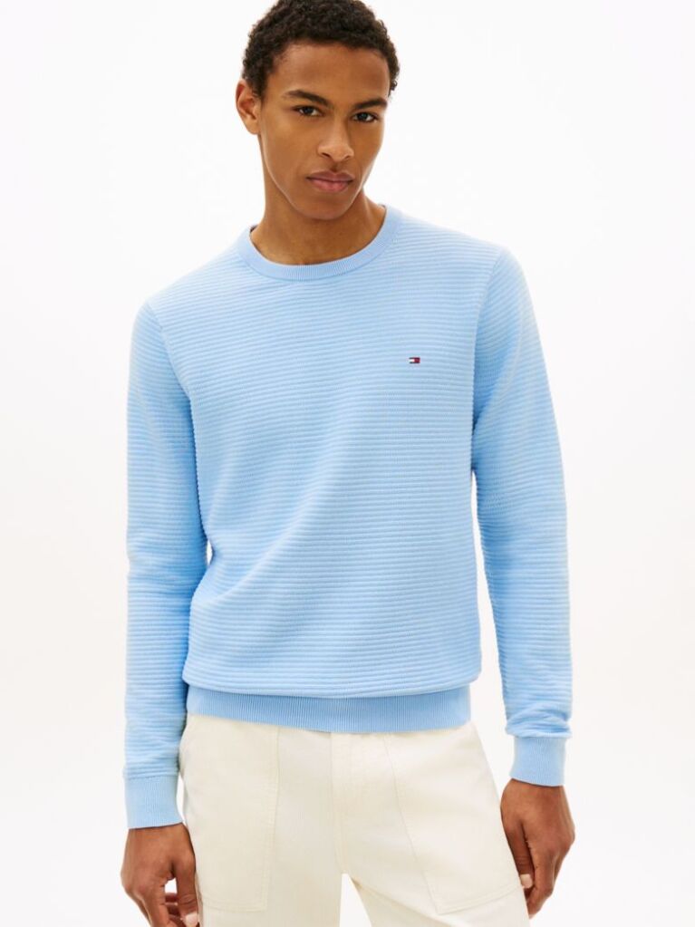 Blue Textured Knit Crew Neck Jumper  Men