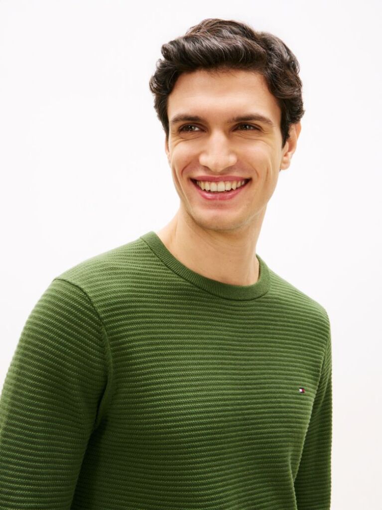 Green Textured Knit Crew Neck Jumper  Men