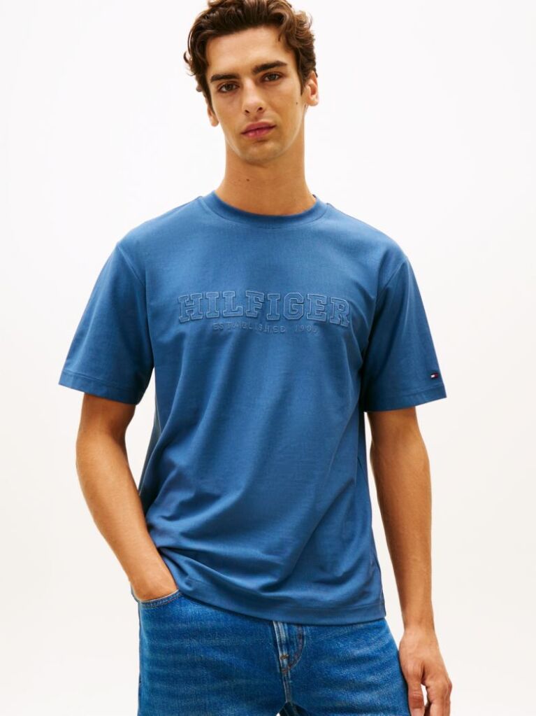 Blue T-Shirt Cu Guler Rotund Si Broderie Cu Logo  Barbati