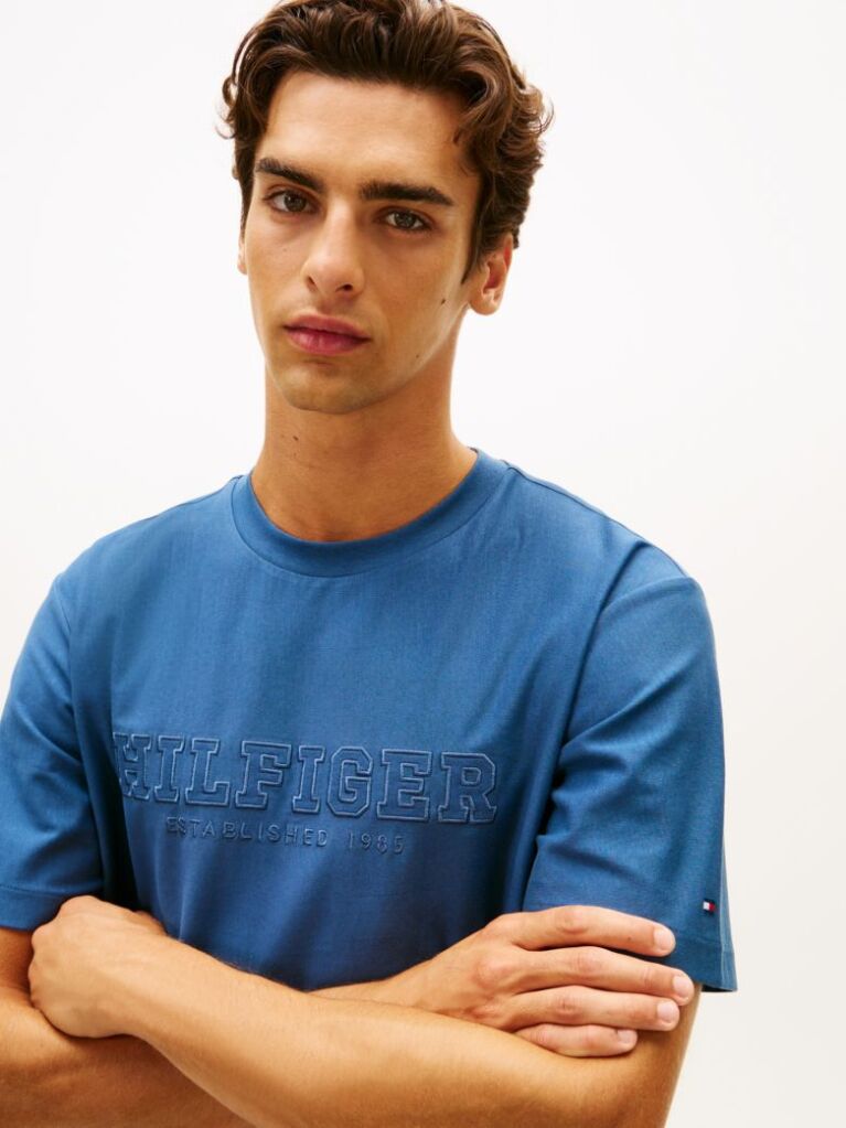 Blue T-Shirt Cu Guler Rotund Si Broderie Cu Logo  Barbati