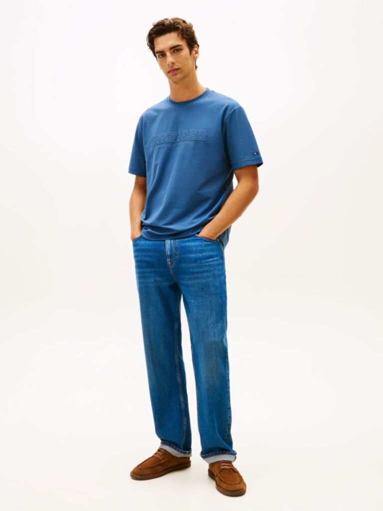 Blue T-Shirt Cu Guler Rotund Si Broderie Cu Logo  Barbati