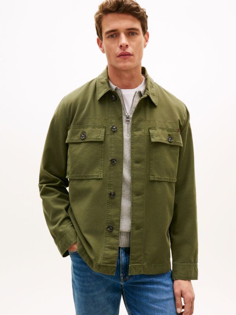 Green Textured Washed Sateen Utility Shirt Jacket  Men