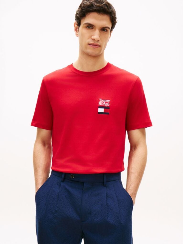 Rosu Tricou Cu Guler Rotund Si Logo Brodat  Barbati
