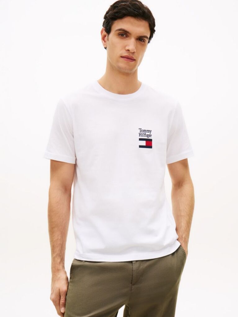 Alb Tricou Cu Guler Rotund Si Logo Brodat  Barbati