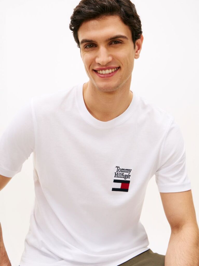 Alb Tricou Cu Guler Rotund Si Logo Brodat  Barbati