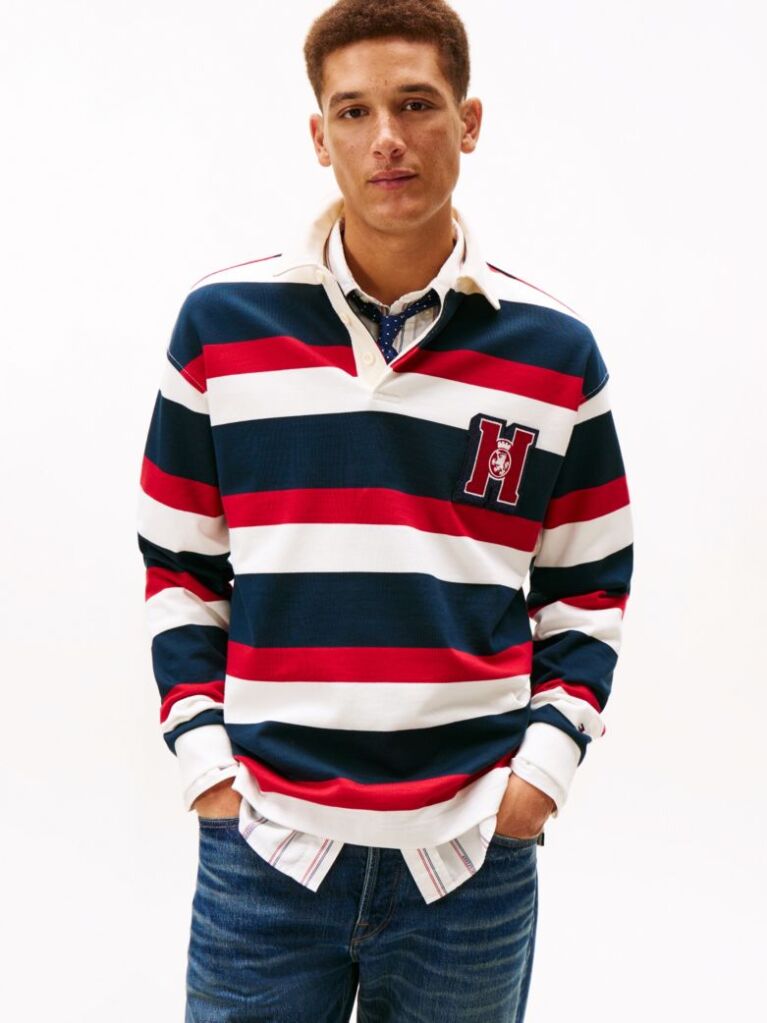 Multi Bluza De Rugby Relaxat Cu Logo Appliqué Si Dungi  Barbati