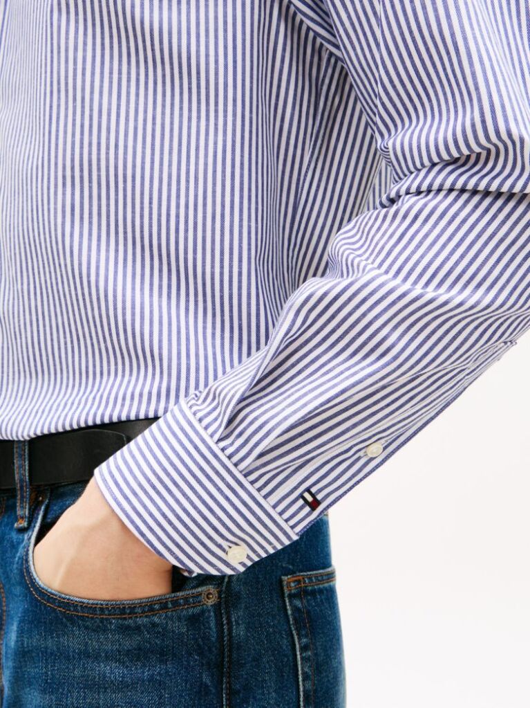 Blue Camasa Smart Casual Cu Dungi Si Croiala Slim Flex  Barbati