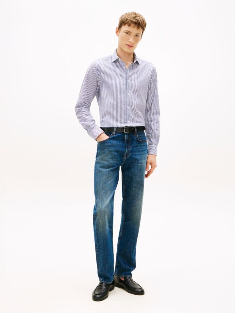 Blue Camasa Smart Casual Cu Dungi Si Croiala Slim Flex  Barbati
