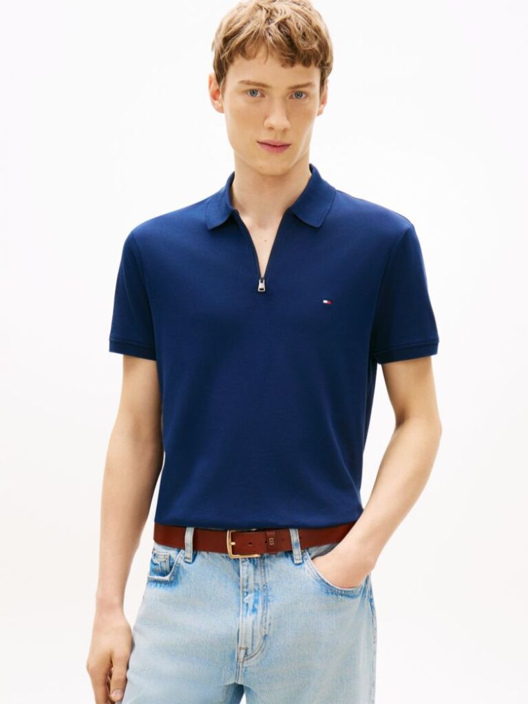 Blue Regular Fit Interlock Knit Zip Polo Shirt  Men