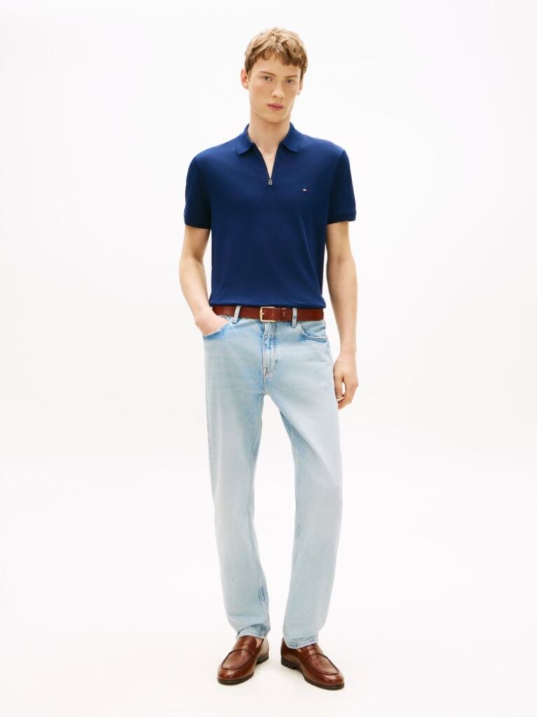Blue Regular Fit Interlock Knit Zip Polo Shirt  Men