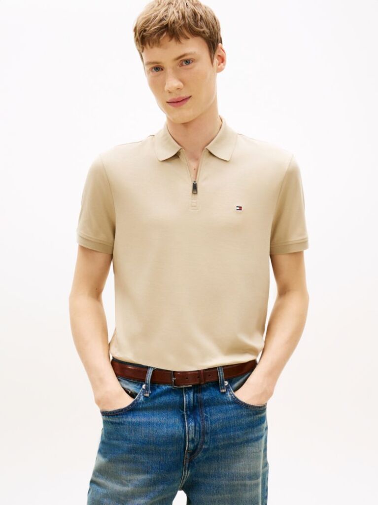 Beige Regular Fit Interlock Knit Zip Polo Shirt  Men