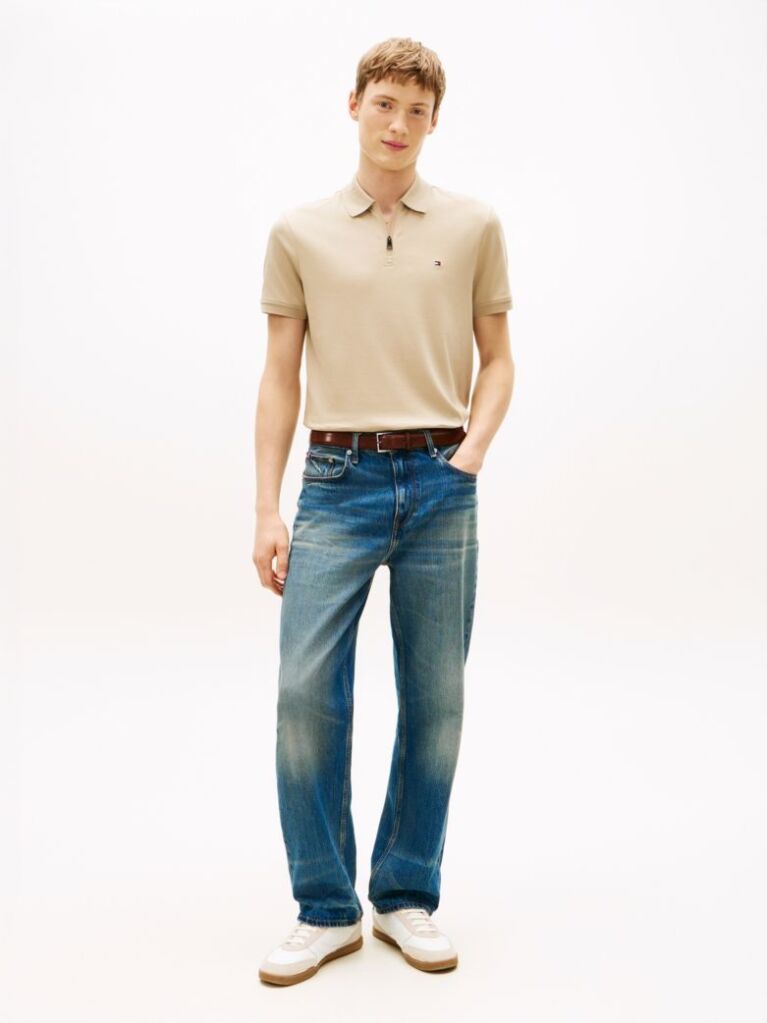 Beige Regular Fit Interlock Knit Zip Polo Shirt  Men