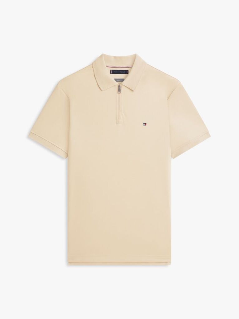 Beige Regular Fit Interlock Knit Zip Polo Shirt  Men