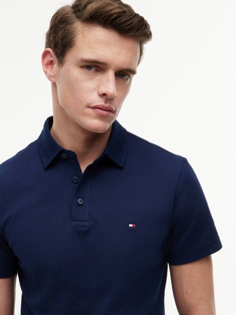 Blue Tricou Polo Din Mesh Jersey Cu Croiala Regular  Barbati