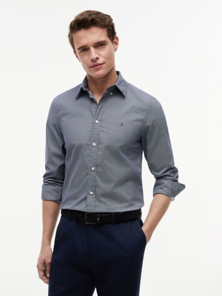 Blue Camasa Flex Small Pring Din Poplin  Barbati