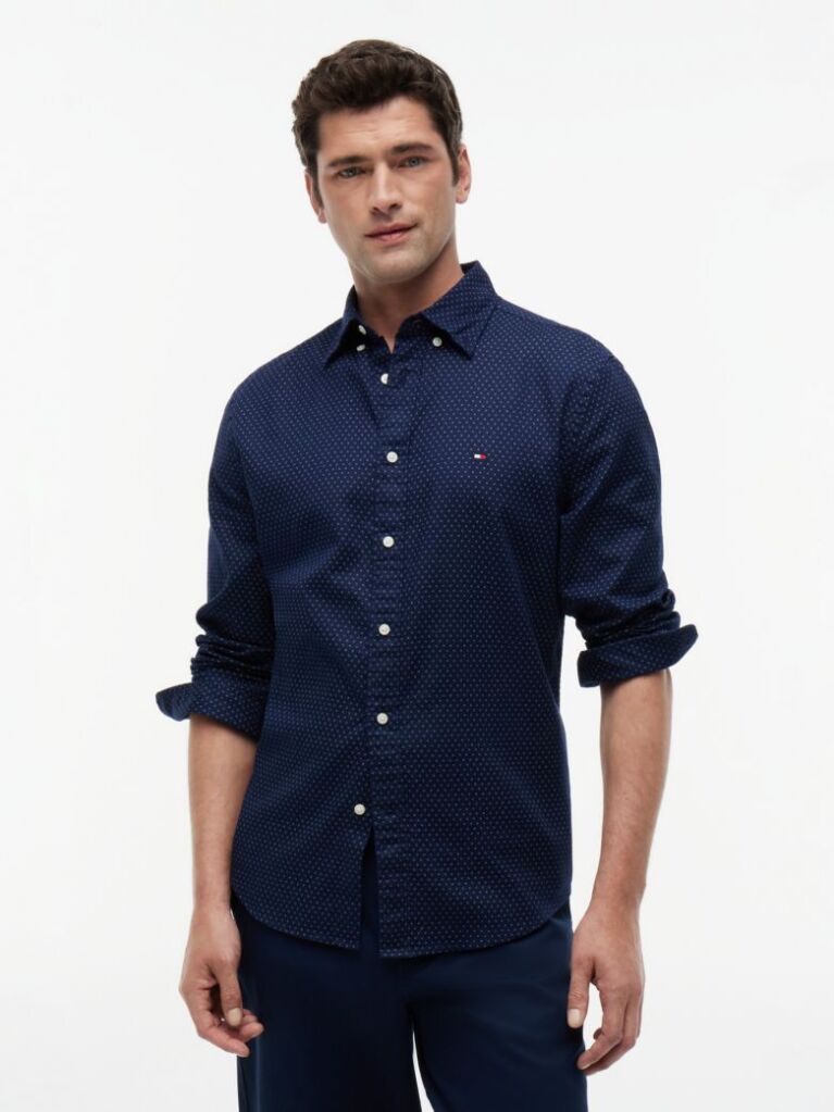 Blue Camasa Flex Din Poplin Cu Croiala Regular Si Model Printat  Barbati