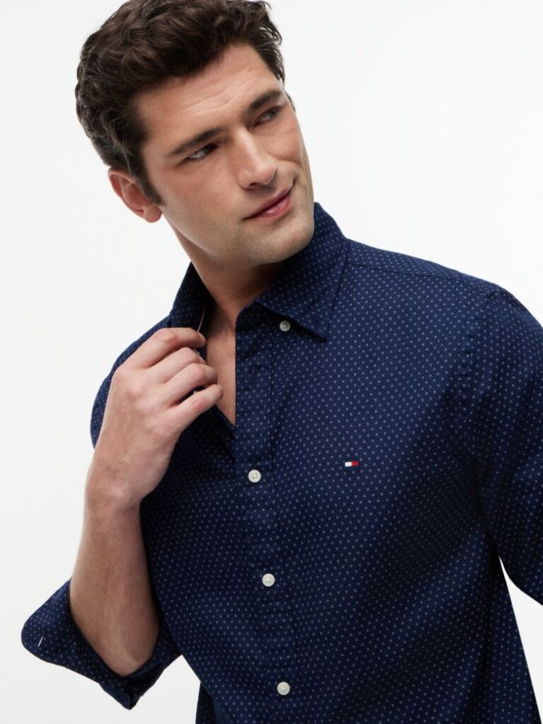 Blue Camasa Flex Din Poplin Cu Croiala Regular Si Model Printat  Barbati