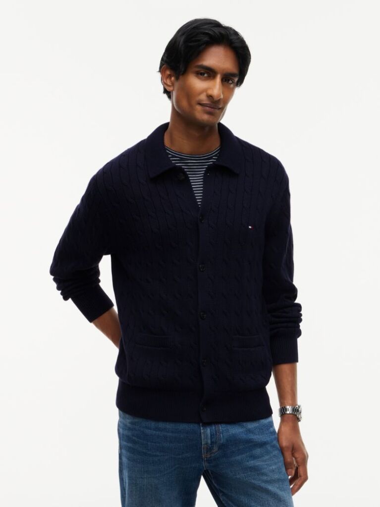 Blue Cardigan Tricotat Cu Guler  Barbati