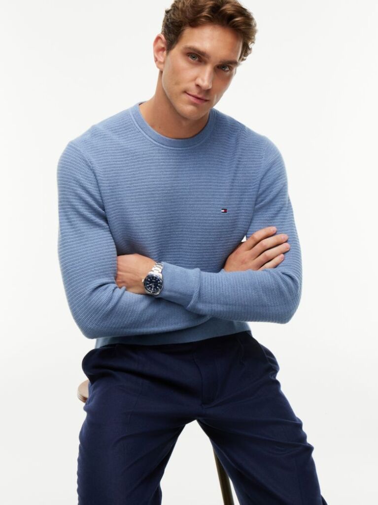 Blue Pulover Din Casmir Cu Guler Crew  Barbati
