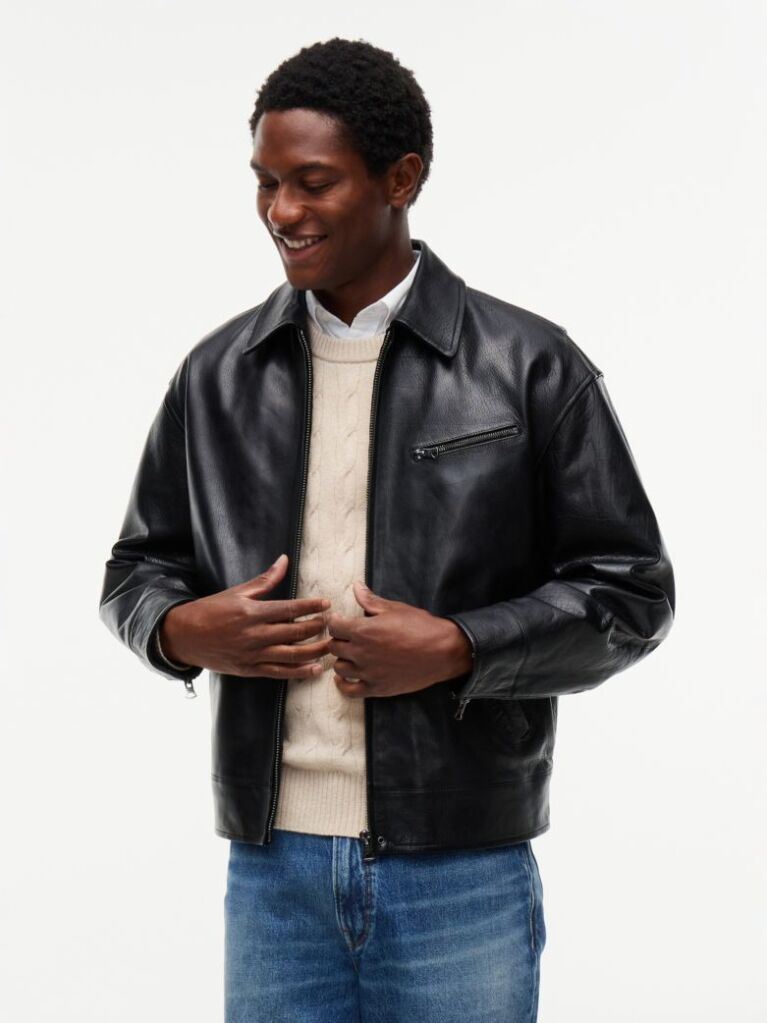 Black Textured Leather Relaxed Zip-Thru Jacket  Men