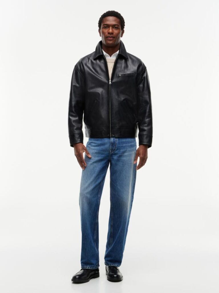 Black Textured Leather Relaxed Zip-Thru Jacket  Men