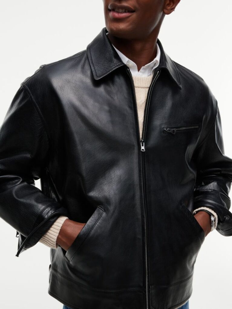 Black Textured Leather Relaxed Zip-Thru Jacket  Men