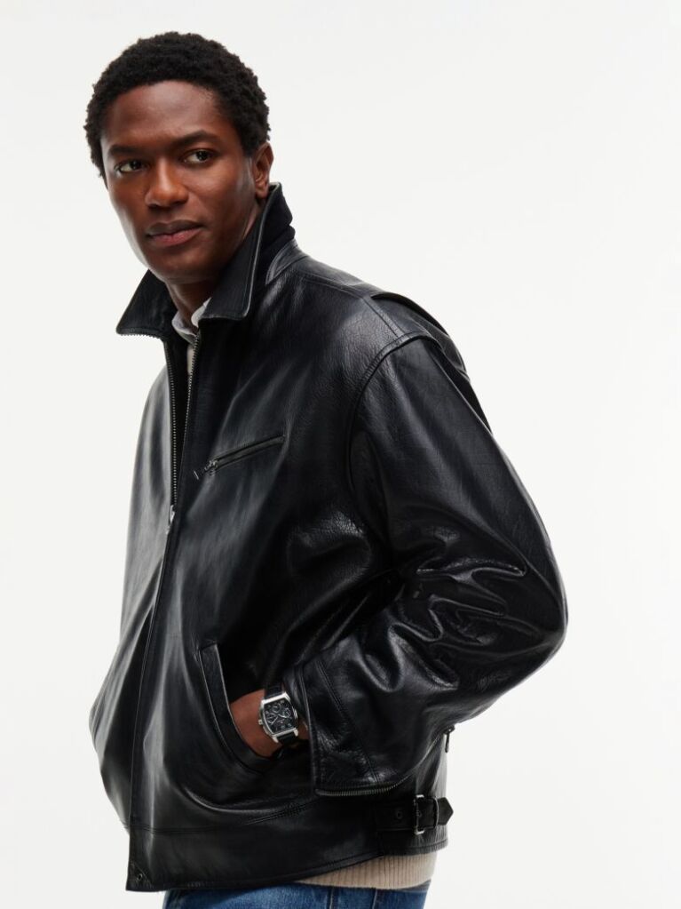 Black Textured Leather Relaxed Zip-Thru Jacket  Men