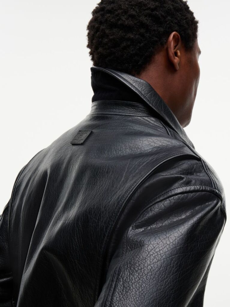 Black Textured Leather Relaxed Zip-Thru Jacket  Men