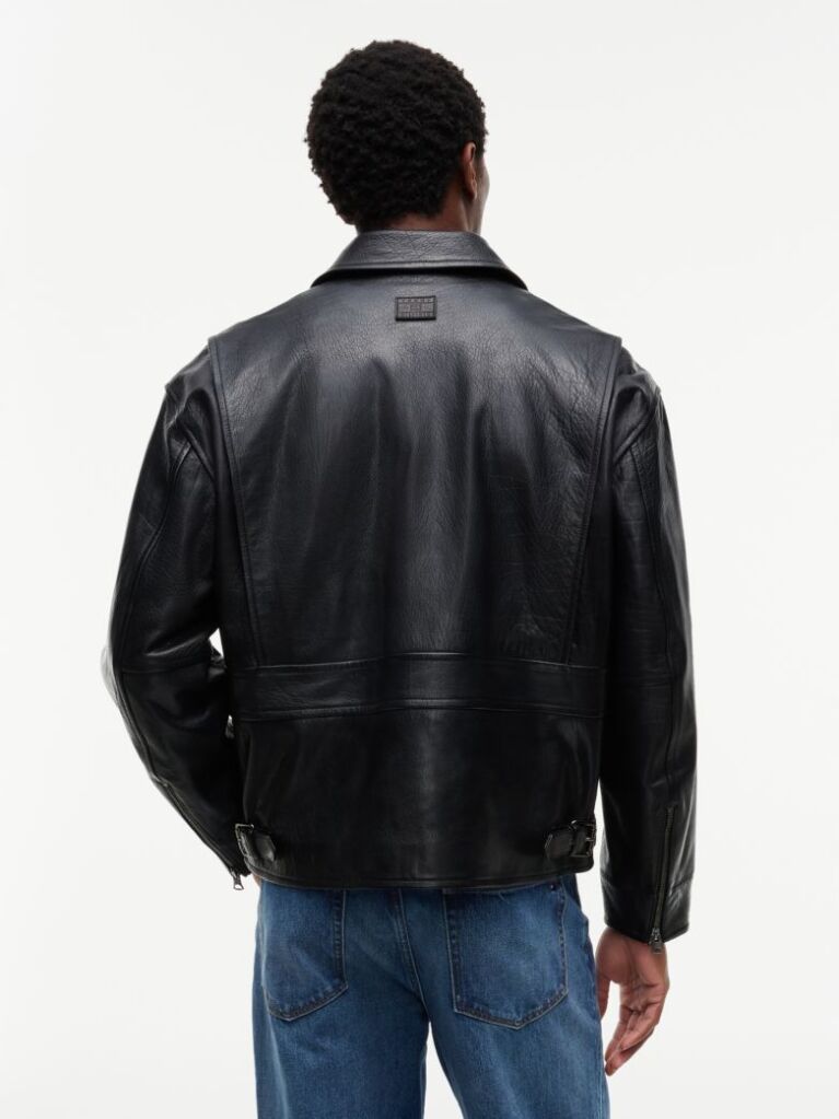 Black Textured Leather Relaxed Zip-Thru Jacket  Men