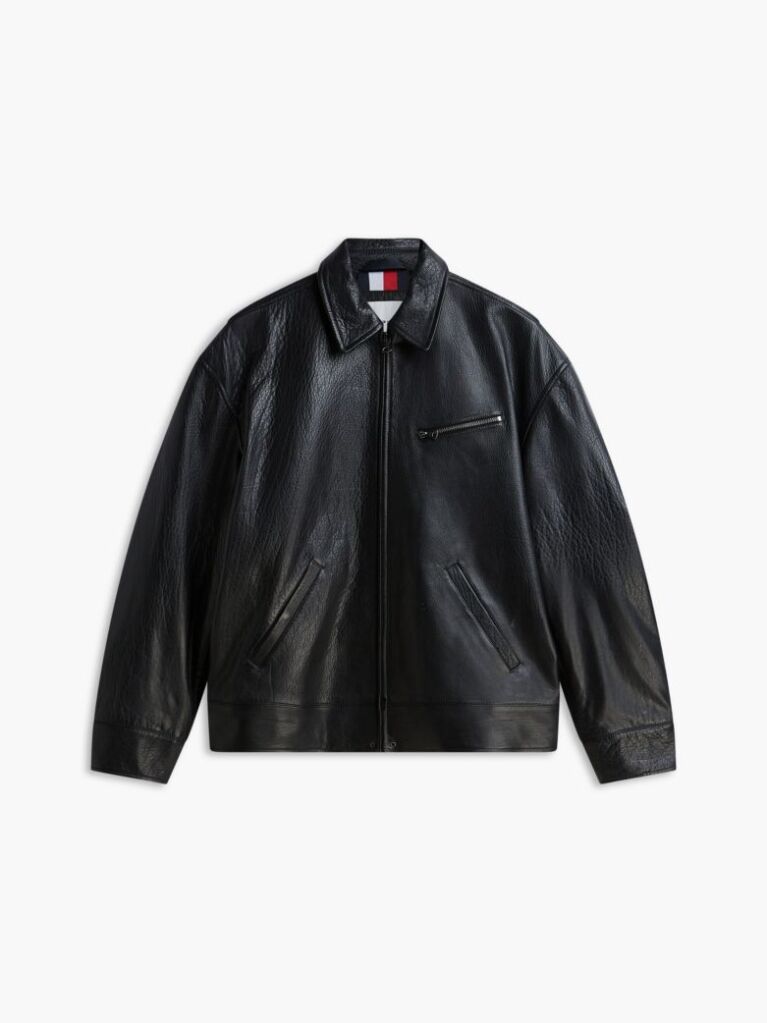 Black Textured Leather Relaxed Zip-Thru Jacket  Men