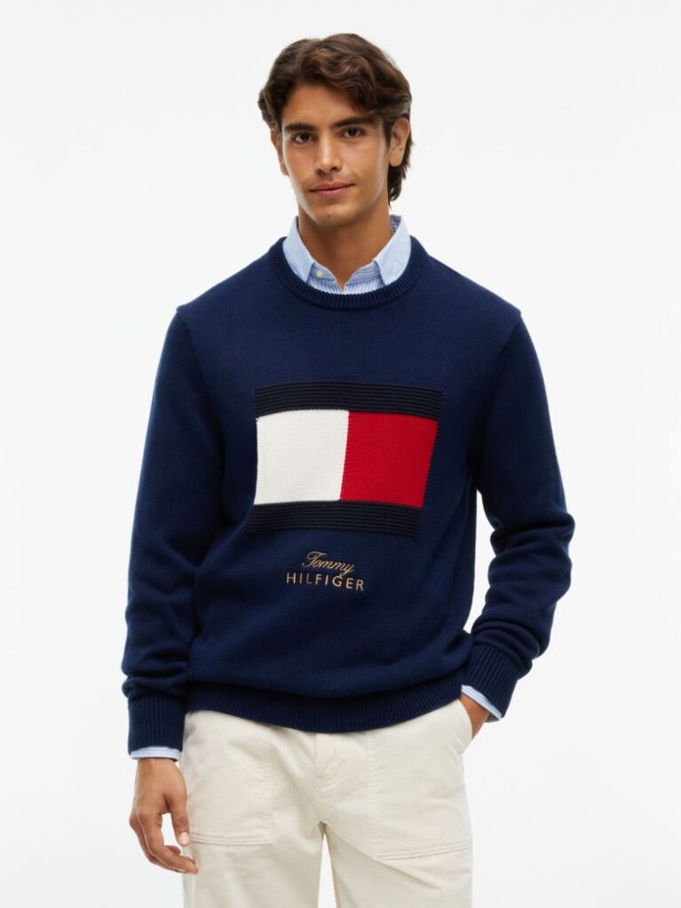 Blue Intarsia Flag Crew Neck Jumper  Men