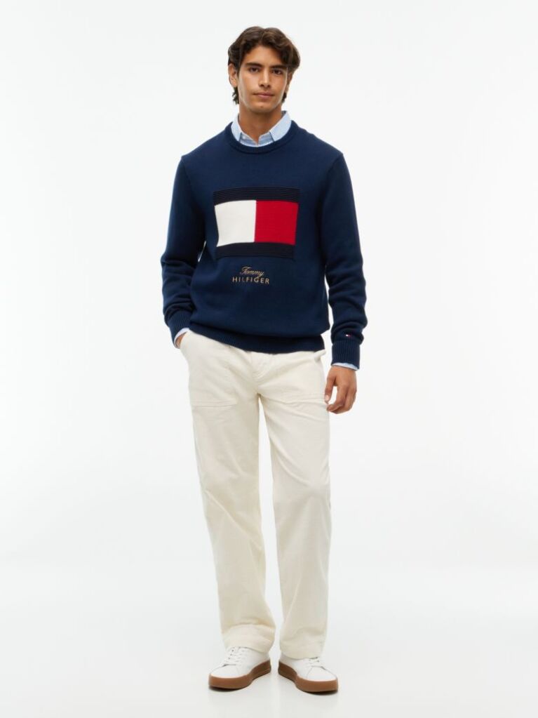 Blue Intarsia Flag Crew Neck Jumper  Men