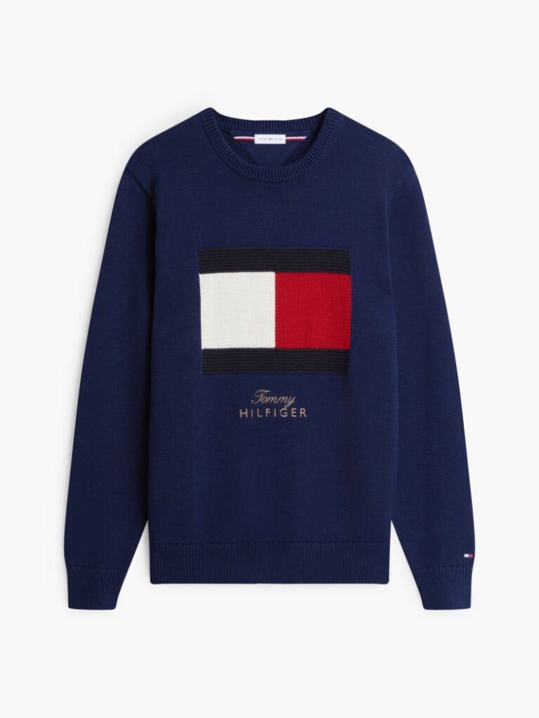 Blue Intarsia Flag Crew Neck Jumper  Men