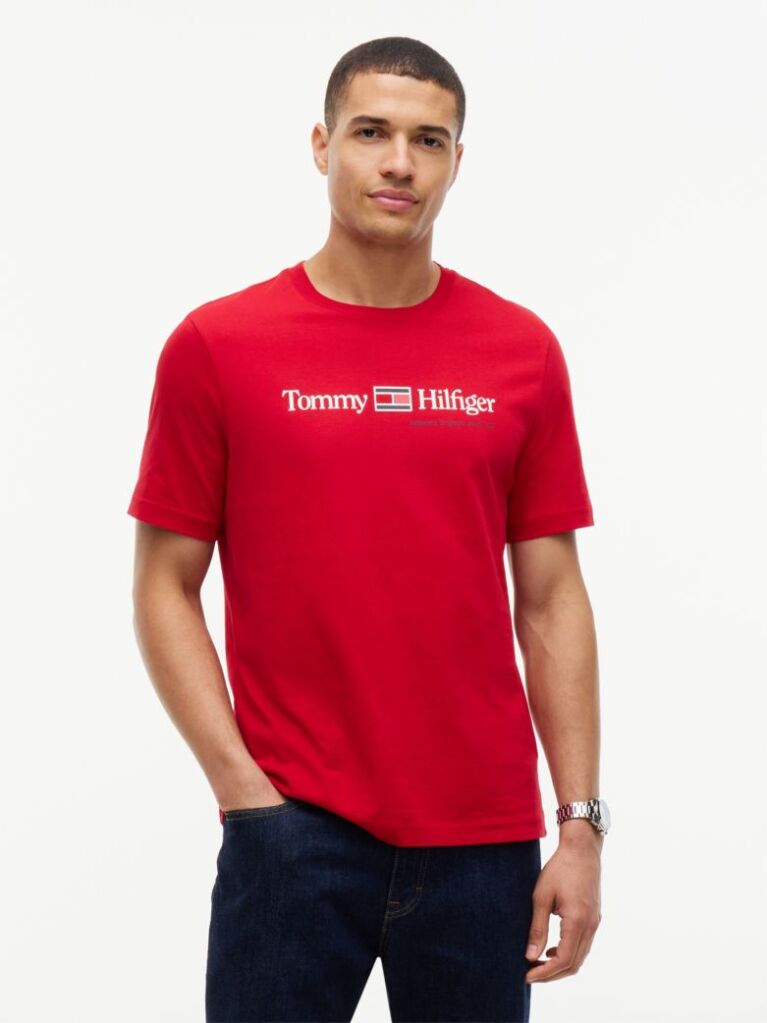 Rosu T-Shirt Din Jerseu Cu Logo Si Guler Rotund  Barbati