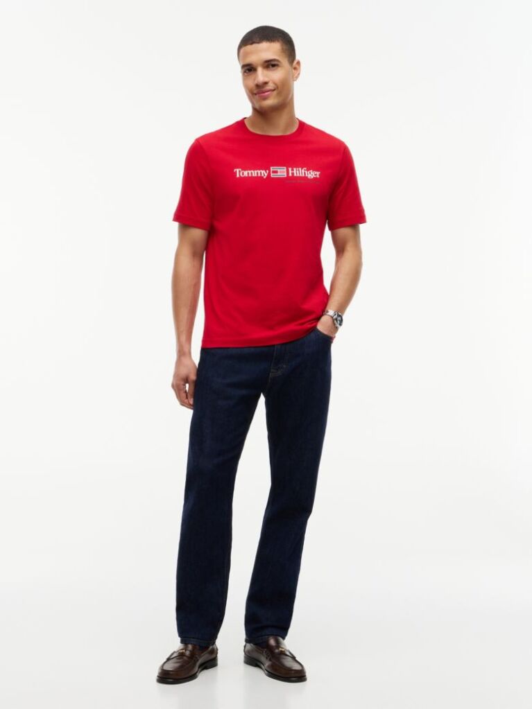 Rosu T-Shirt Din Jerseu Cu Logo Si Guler Rotund  Barbati