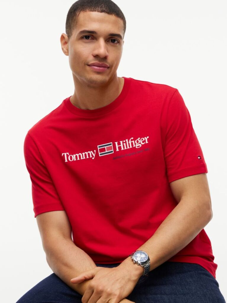 Rosu T-Shirt Din Jerseu Cu Logo Si Guler Rotund  Barbati