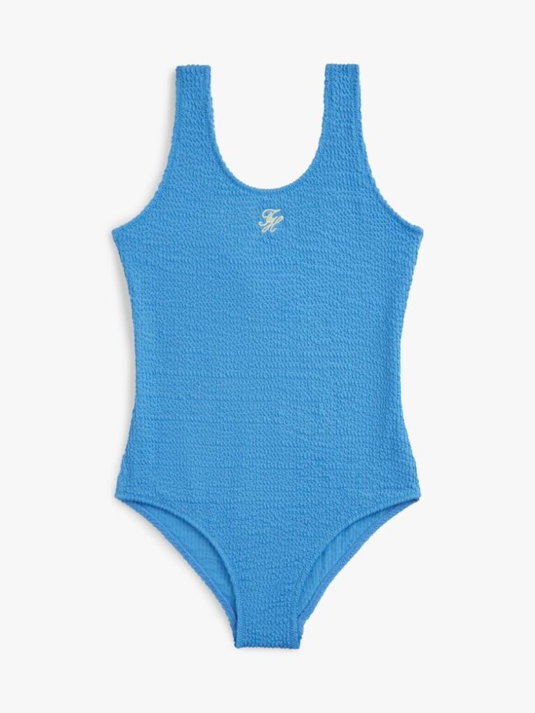Blue Logo Embroidery Textured Scoop Back Swimsuit  Girls