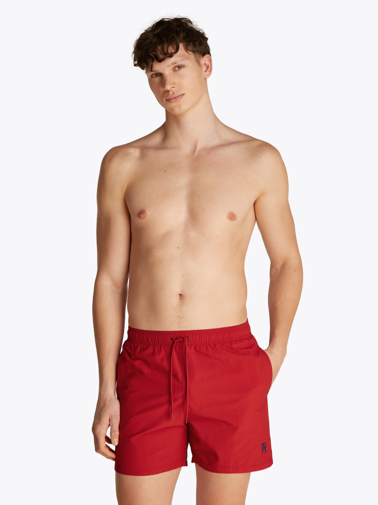 Red TH Monogram Mid Length Swim Trunks  Men