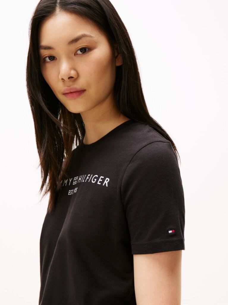 Negru Tricou Cu Logo Si Guler Rotund  Femei