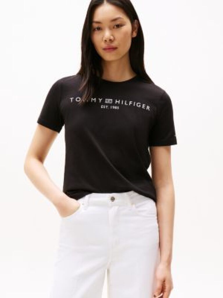 Negru Tricou Cu Logo Si Guler Rotund  Femei