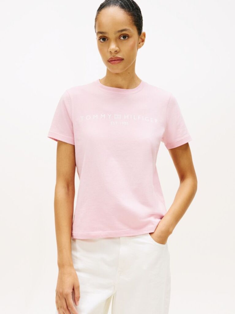 Roz Tricou Cu Logo Si Guler Rotund  Femei