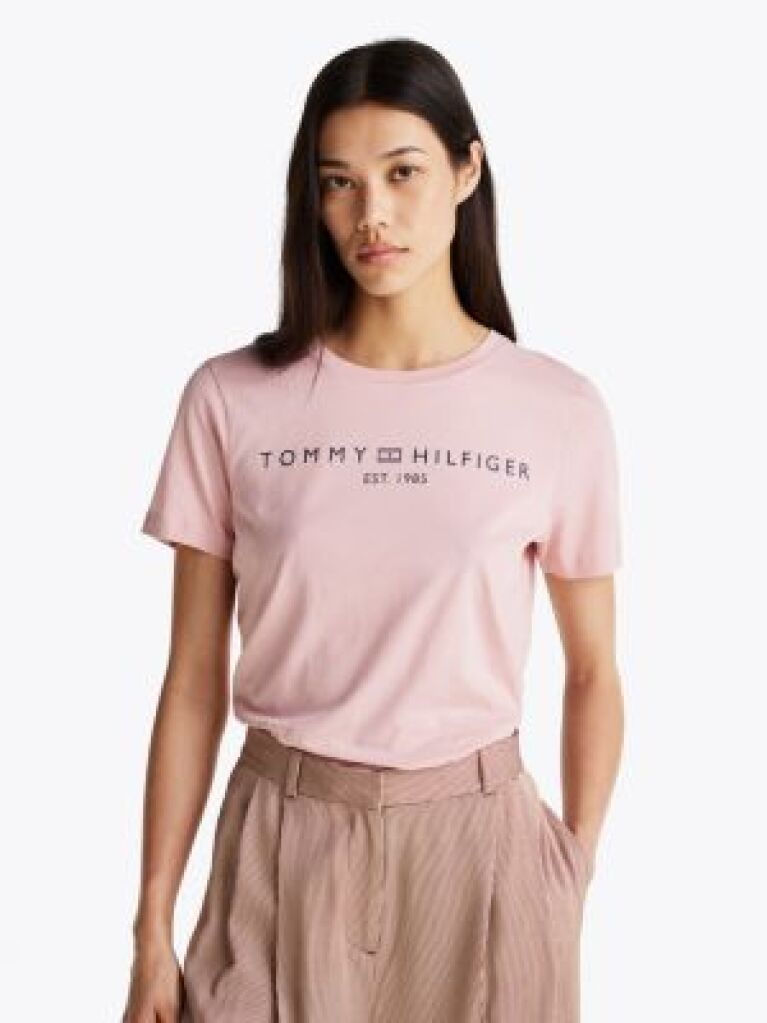 Roz Tricou Cu Logo Si Guler Rotund  Femei